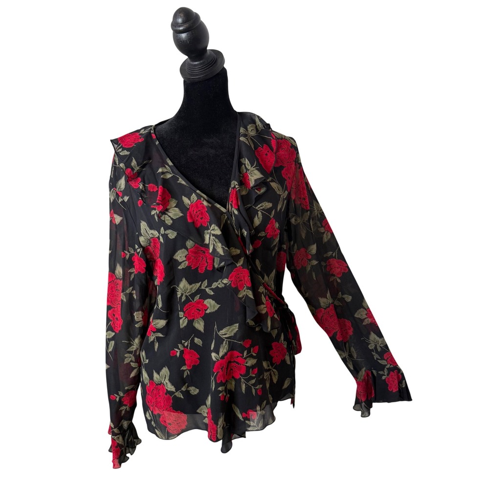 INC Silk Red Rose Floral Wrap Blouse 10P Ruffle Whimsigoth Dark Romantic Goth